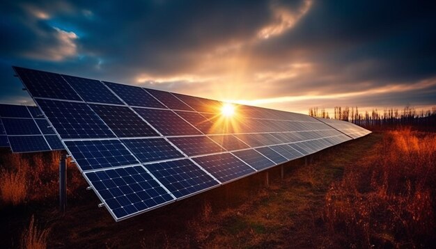 Sunset sky reflects solar panel sustainable power generation generative AI