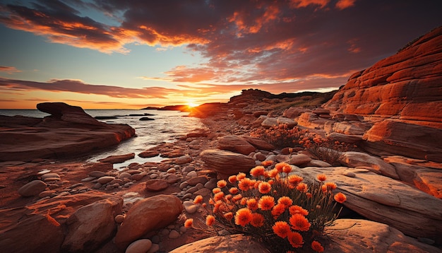 Free photo sunset over the tranquil coastline a natural beauty in nature generated by artificial intelligence