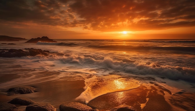 Foto gratuita il tramonto sulla tranquilla costa, la bellezza della natura riflessa nell'acqua generata dall'intelligenza artificiale