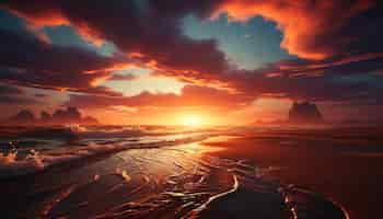 Free photo sunset over the tranquil coastline reflecting golden beauty in nature generated by artificial intelligence