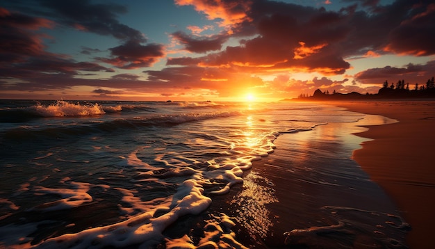 Foto gratuita il tramonto sulla tranquilla costa riflette sfumature dorate sull'acqua generate dall'intelligenza artificiale