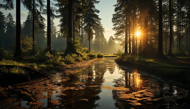 Free photo sunset over the tranquil forest creates a breathtaking natural beauty generated by artificial intelligence