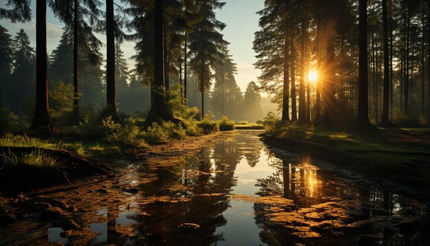 Sunset over the tranquil forest creates a breathtaking natural beauty generated by artificial intelligence