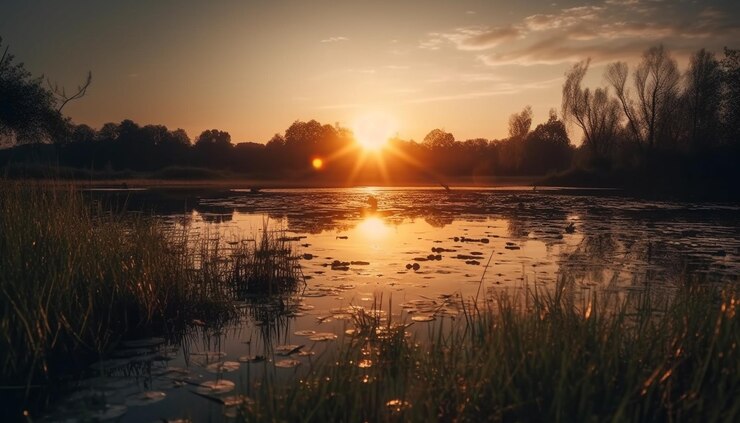 Free Photo sunset over tranquil mountain landscape reflecting beauty generated by ai