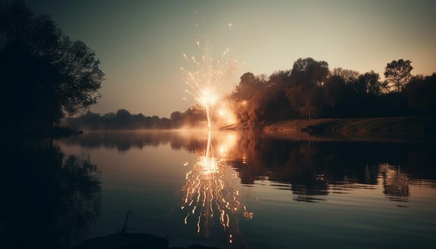 Free photo sunset over the tranquil pond nature beauty illuminated generated by ai