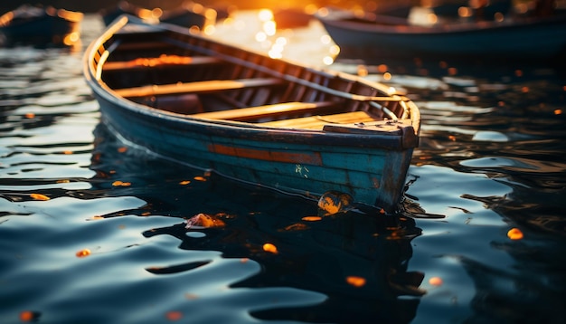 Foto gratuita il tramonto sul tranquillo stagno vecchia barca a remi riflette la bellezza nautica generata dall'intelligenza artificiale