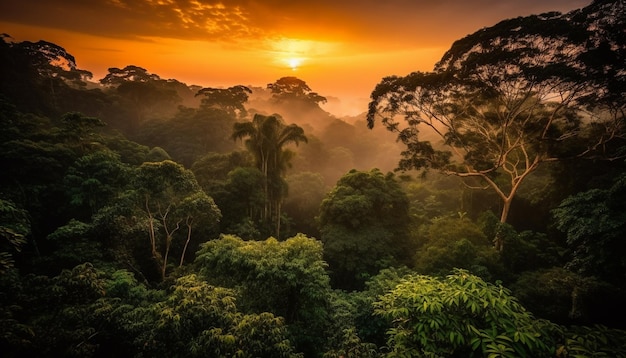 Free photo sunset over tropical rainforest a tranquil scene of natural beauty generated by ai