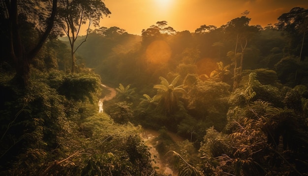 Una vista al tramonto di una giungla con un fiume in primo piano e una foresta sullo sfondo.