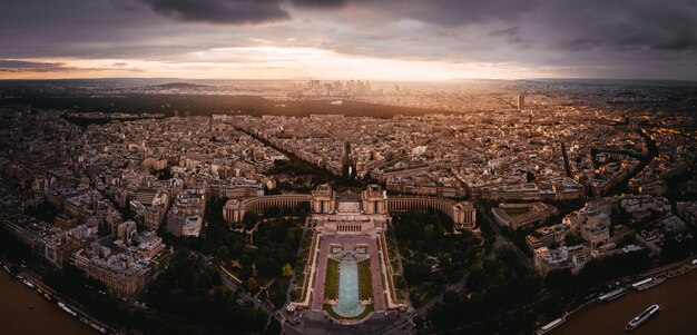 Sunset view to La Denfense in Paris, France