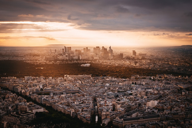 Sunset view to La Denfense in Paris, France