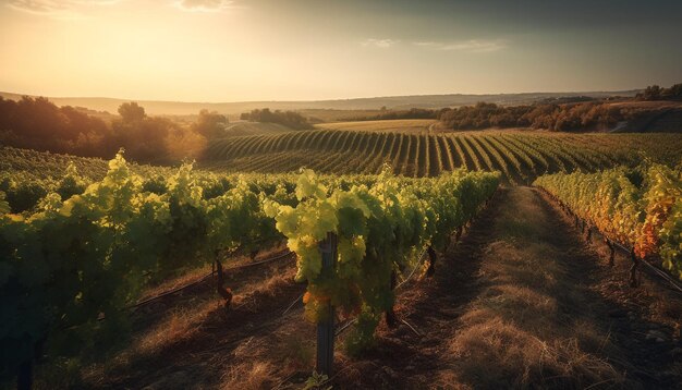 Sunset over vineyard ripe grapes in rows generated by AI