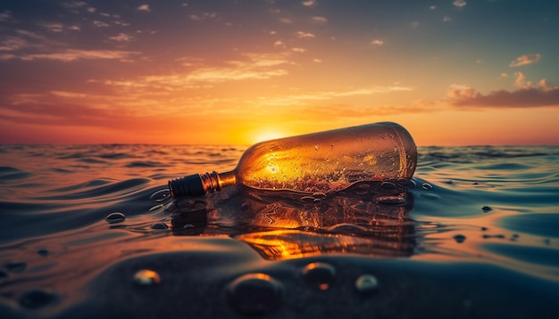 La bottiglia di vetro sunset over water riflette la bellezza generata dall'intelligenza artificiale