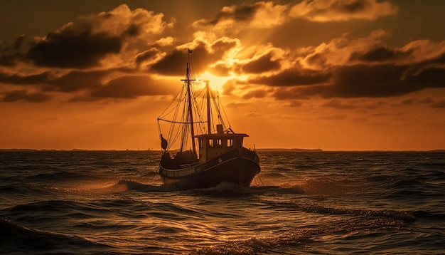 Free photo sunset over the water a sailboat sails into the dusk generated by artificial intelligence