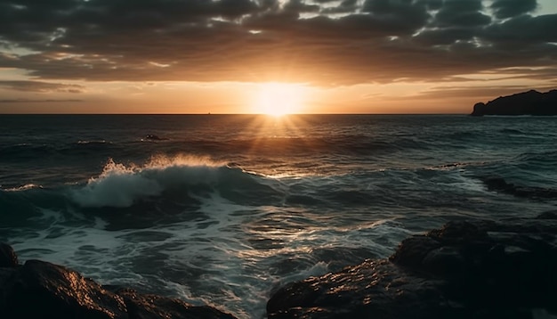 Free photo sunset over water waves breaking on rocks generated by ai