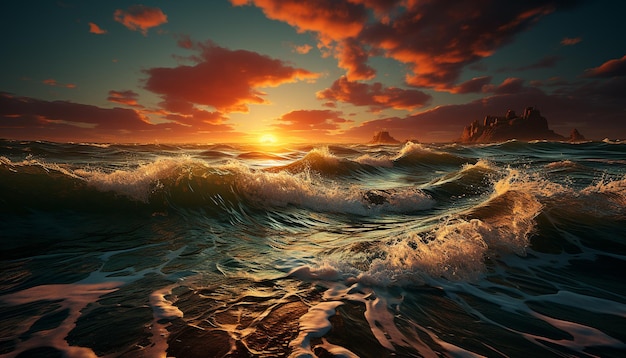 Sunset over the water waves crash nature beauty on display generated by artificial intelligence