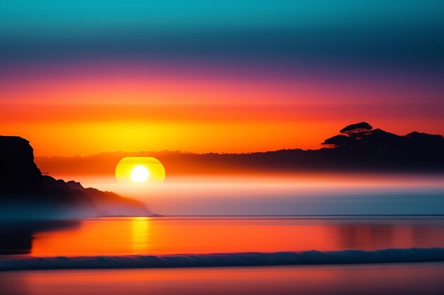 霧の背景を持つ水に沈む夕日