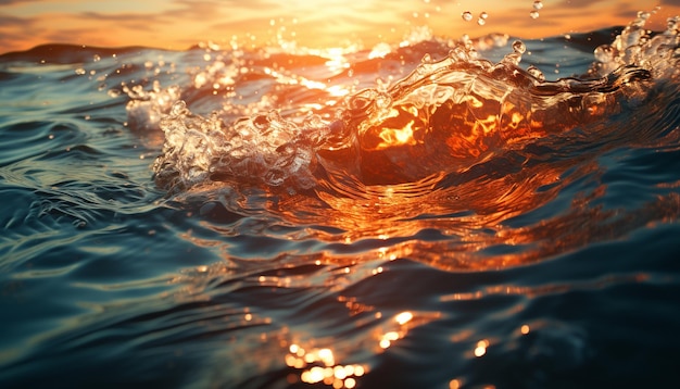 인공지능에 의해 생성된 자연의 아름다움을 반영하는 해가 지는 물 표면에 스프레이싱하는 파도