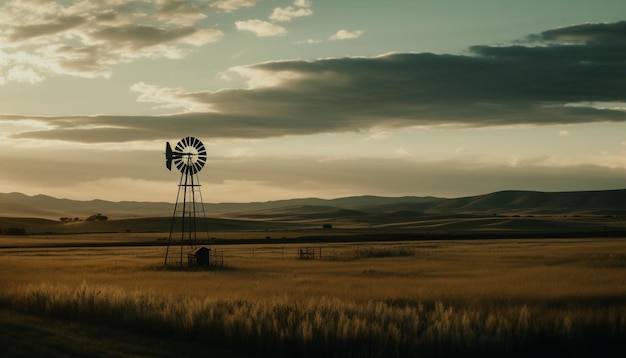 Foto gratuita il tramonto sulle turbine eoliche in una fattoria rurale genera energia alternativa generata dall'ia