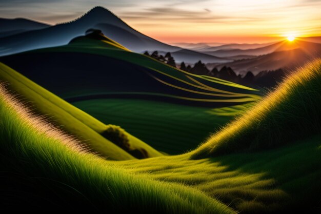 A sunset with a green field and mountains in the background