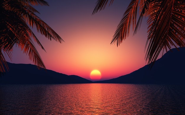 Sunset with palm trees and a lake