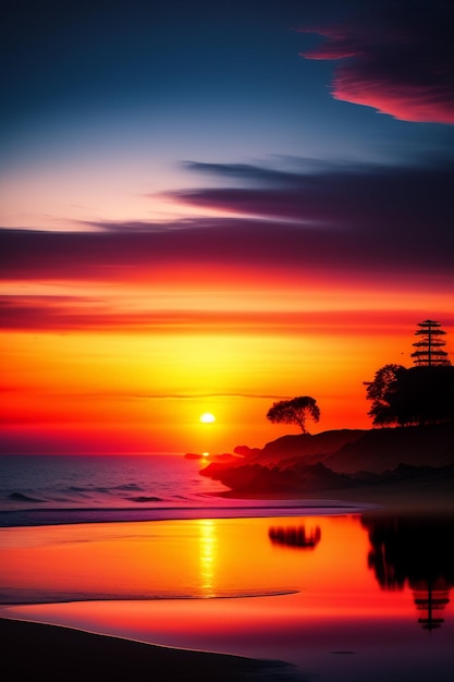 A sunset with a tree on the beach and the sky is orange and purple.