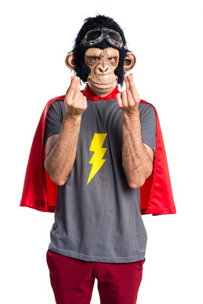 Superhero monkey man doing money gesture