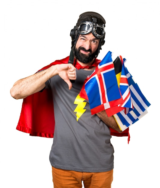 Superhero with a lot of flags making bad signal