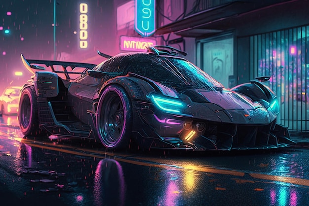 Supersport car at cyberpunk city with neon lights generative ai