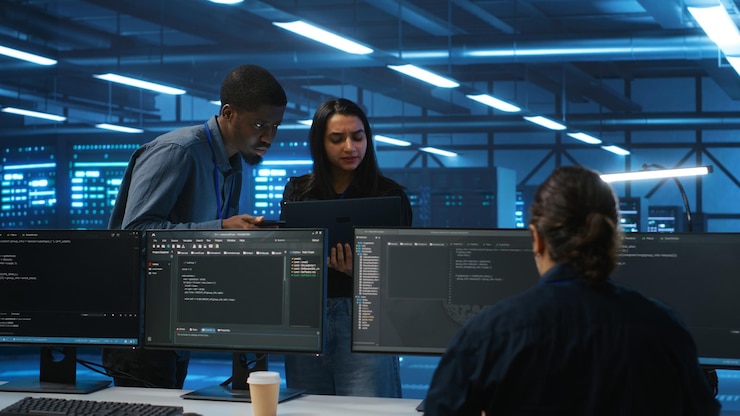 Free Photo supervisor doing inspection in data center receiving performance assessment