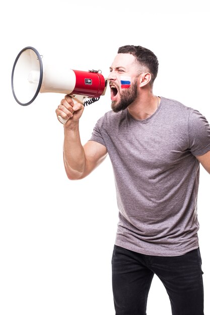 Support Russia. Scream on megaphone Russian football fan in game supporting of Russia national team on white background. Football fans concept.