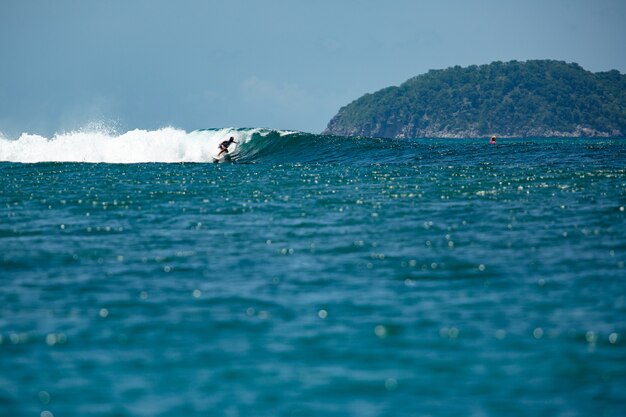 Surfer on a blue wave.