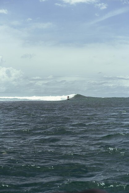 Surfing in Bali. A surfer in the ocean catches a wave.