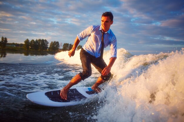 Surfing at sunset