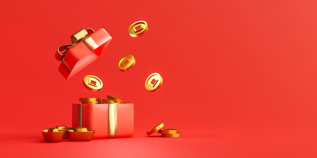 Сюрприз красная подарочная коробка с золотыми деньгами счастливый китайский новый год открытый подарок 3d рендеринг