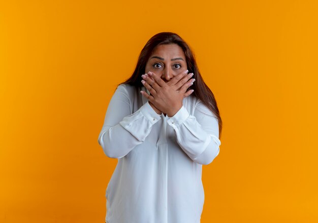 Surprised casual caucasian middle-aged woman covered mouth with hand isolated on yellow wall