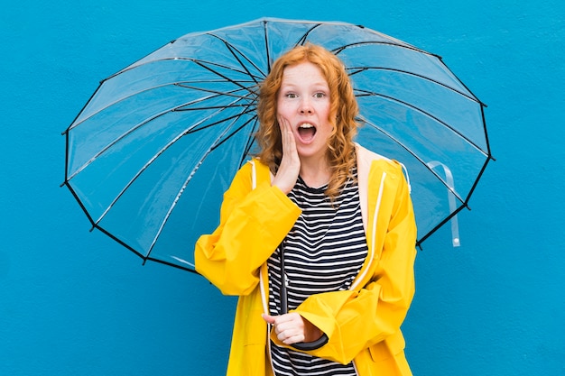 Surprised girl holding umbrella