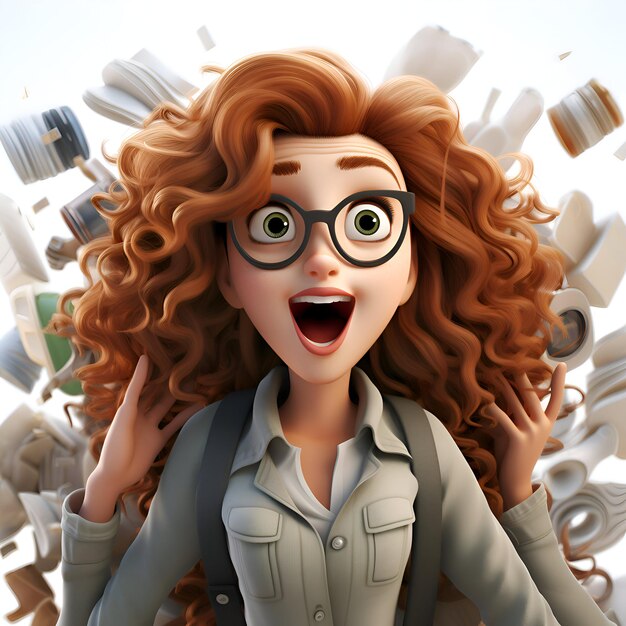 Free photo surprised girl with curly hair and eyeglasses 3d illustration