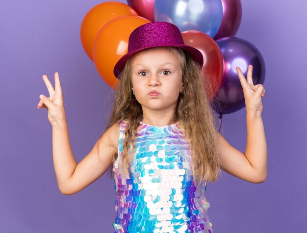 surprised little blonde girl with violet party hat gesturing victory sign standing in front of helium balloons isolated on purple wall with copy space