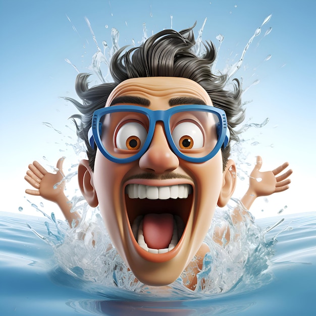 Surprised man with glasses in water on blue background 3D illustration