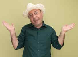 Free photo surprised middle-aged man wearing green t-shirt and hat crossing hands isolated on olive green wall