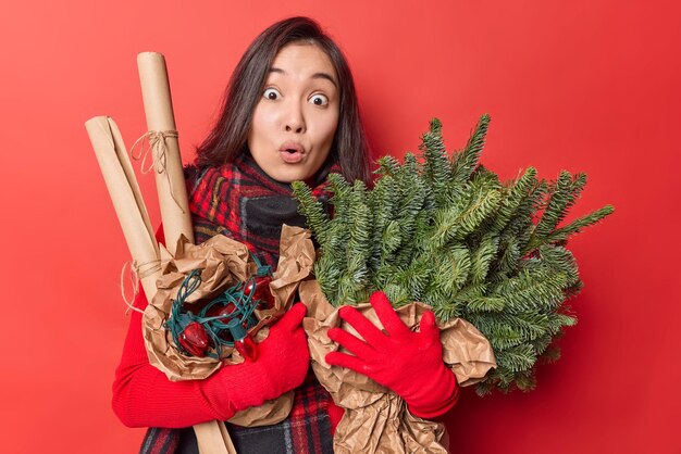 Удивленная потрясенная азиатка держит ветки ели, завернутые в бумажную гирлянду, для украшения, готовится к Новому году, носит зимние перчатки, не может поверить своим глазам, изолированным на красном фоне