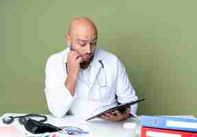 Free photo surprised young bald male doctor wearing medical robe and stethoscope sitting at desk work