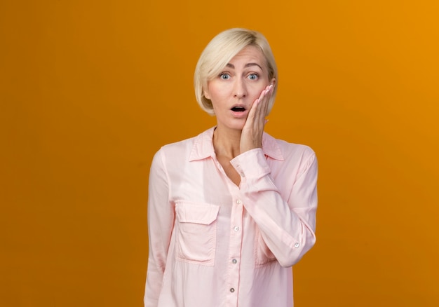 Surprised young blonde slavic woman putting hand on cheek isolated on orange