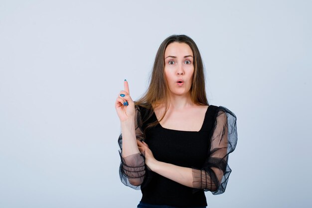 Surprised young girl is pointing up with forefinegrs on white background