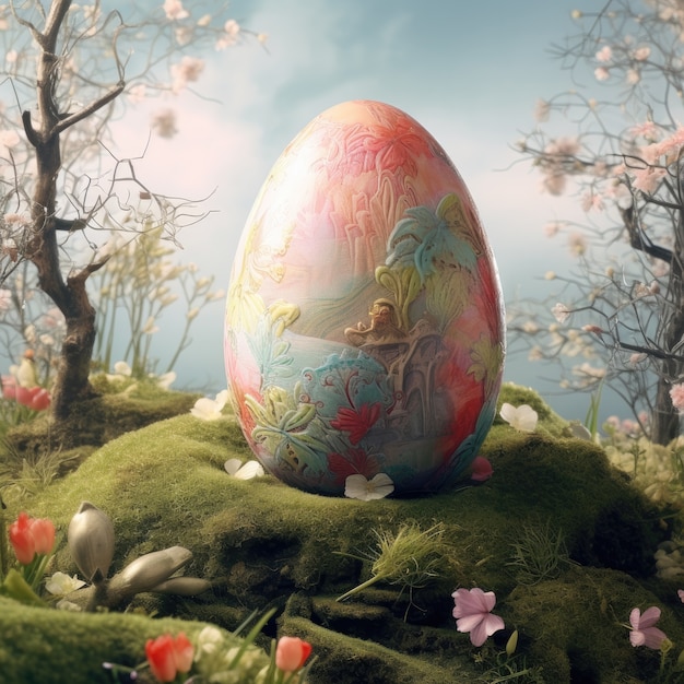 Foto gratuita uovo di pasqua surreale con paesaggio di mondo fantastico