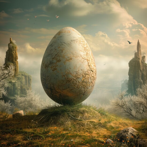 Surreal easter egg with fantasy world landscape