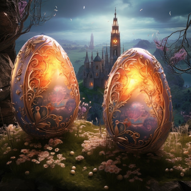 Free photo surreal easter eggs with fantasy world landscape
