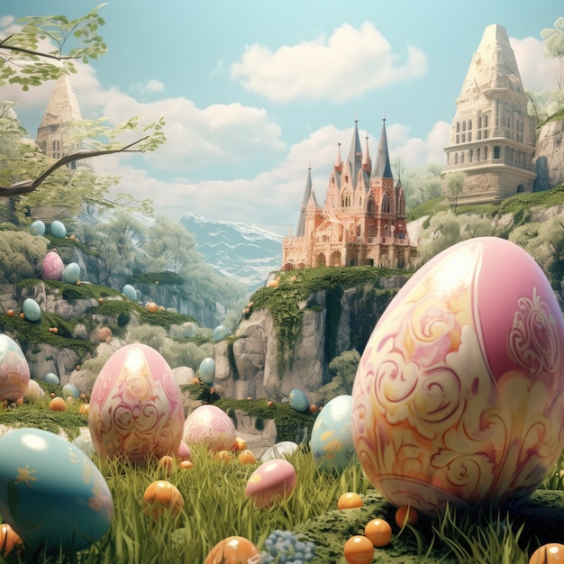 Surreal easter eggs with fantasy world landscape