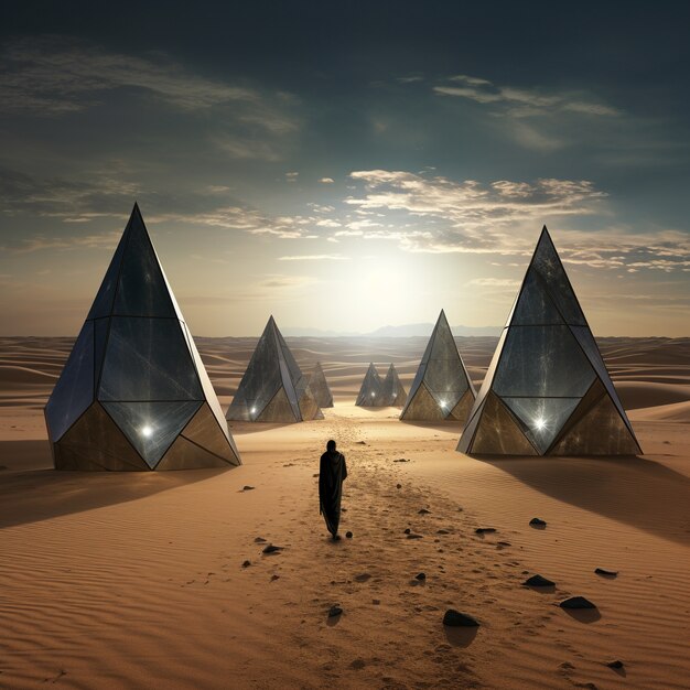 surreal geometric shapes in the barren desert