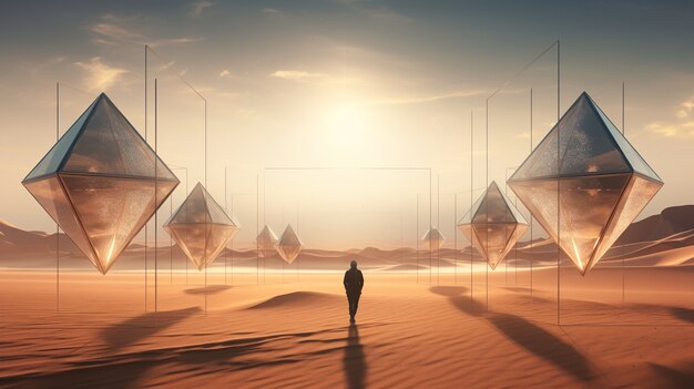 황량 한 사막 의 초현실적 인 기하학적 형태